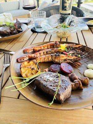 Wagyu steak with King Prawns