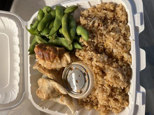 Sampler dumplings with fried rice and edamame