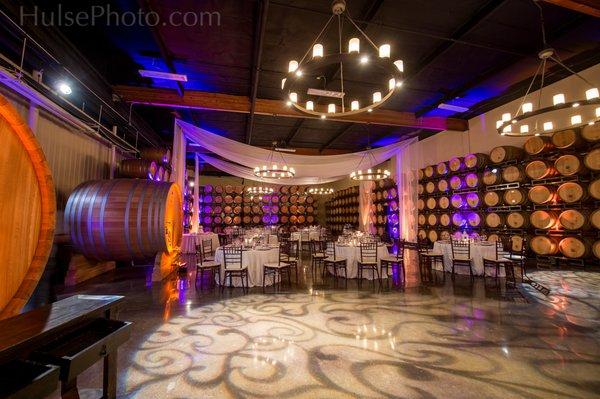 Event design in the barrel room at Callaway Vineyards & Winery