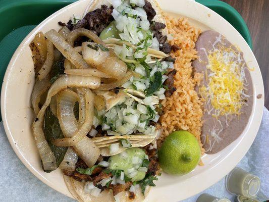 34. Four Tacos Rice & Beans  $13.65 also comes with a drink!