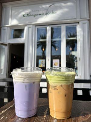 Sea Salt Taro Latte (left) Matcha Cold Brew Latte (right)