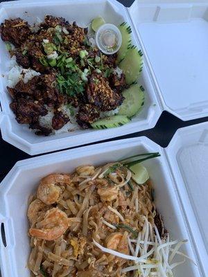 Garlic Chicken with Plain Rice and Pad Thai Noodles with Shrimp