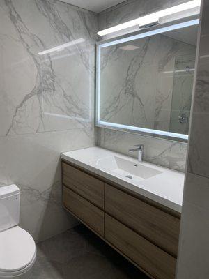 Vanity, Toilet, LED mirror, and LED vanity light, Large hexagon tile