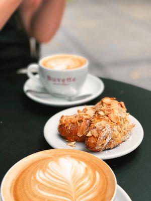 Almond croissants, Cafe au lait, and cappuccino