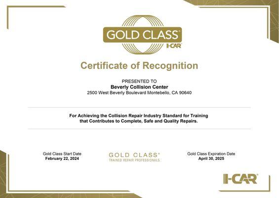 The I-CAR Gold Class® recognition is the highest role-relevant training achievement recognized by the collision repair industry.