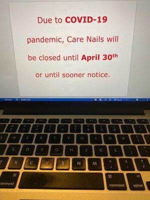 Due to COVID-19, Care Nails will be closer until April 30th or until sooner notice.