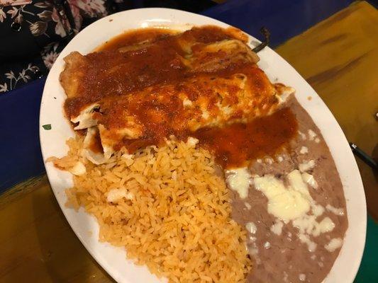 #8 burrito, chili relano, rice & beans