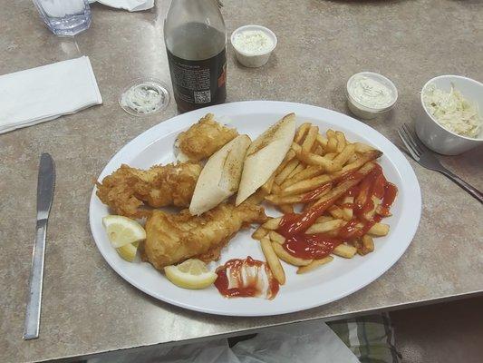 Fish and chips. Garlic bread too!