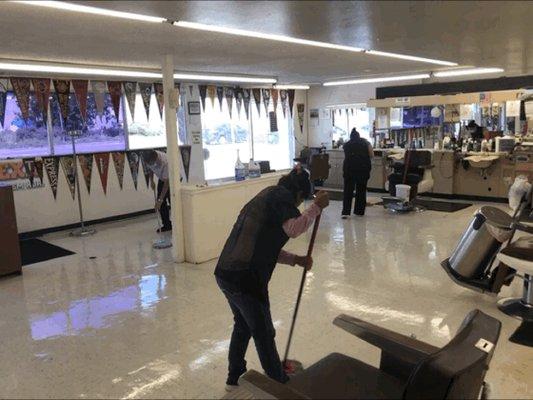 Our staff thoroughly disinfects each barber station in-between customers and at closing.