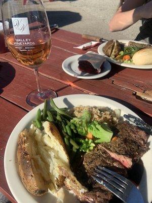 "Cookout" meal - steak grilled by yours truly, baked potato green beans, steamed broccoli and rice pilaf. Iced sangria top left