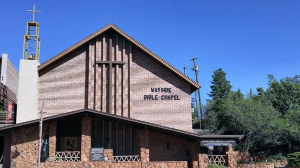 Wayside Bible Chapel view from 89a. Parking behind the church.