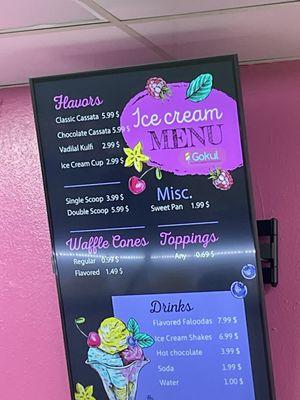 Ice cream menu