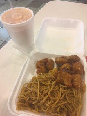 Mango chicken, noodles and Thai tea.