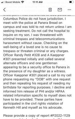 911 cannot help patient only campus police and they threatened to trespass or charge mother for advocacy.