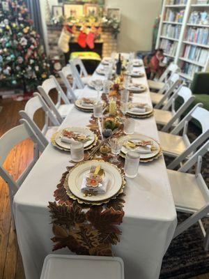 Thanksgiving chairs, linens, tables and china rented from Celebrations!