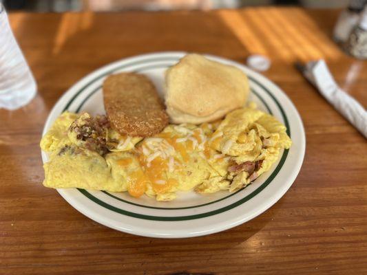 Meat Omelette with hash brown and biscuit