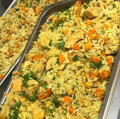 Kabsa- Basmati rice, chicken breast, carrots, and chic peas.