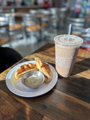 Sausage Egg & Cheese Biscuit and a large iced Toffee Coffee.