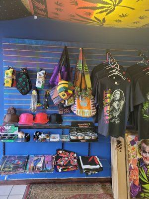 Hats, T-shirts, hand bags, bandanas, tapestries, black light posters, ashtrays and much more.