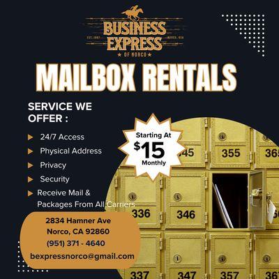 MAILBOX RENTALS WITH A REAL PHYSICAL ADDRESS STARTING AT $15 A MONTH