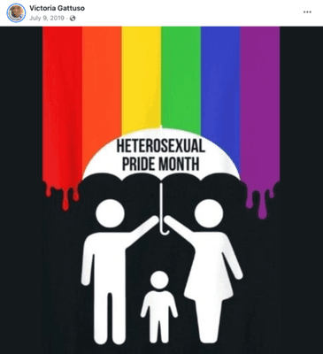 Victoria posts a photograph in support of "heterosexual pride month", in which a straight couple is shown shielding a child from a rainbow.