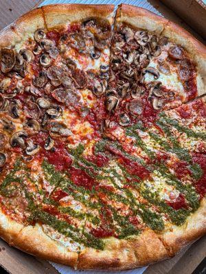 Half Funghi Salsiccia Pizza - Half Tricolor Sun-ripened Tomato Combo Pizza (Large 17")