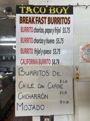 New breakfast burritos/ special burritos menu