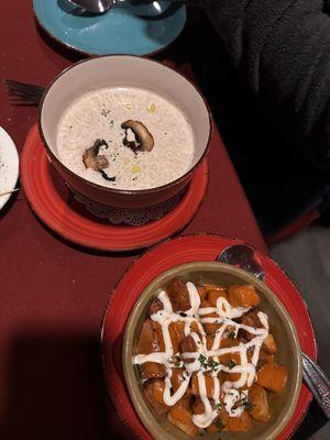 Truffle mushroom soup and patatas bravas