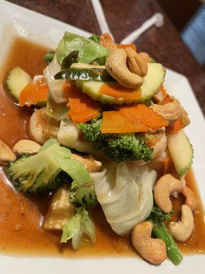 Cashew Shrimp and mixed vegetables with thai chili peppers.