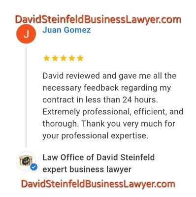 Wonderful client review of Board Certified expert business litigation lawyer David Steinfeld www.DavidSteinfeldBusinessLawyer.com