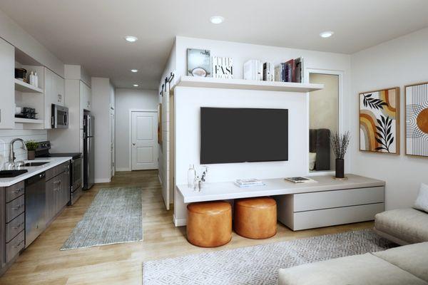 Living room with white walls and hardwood flooring