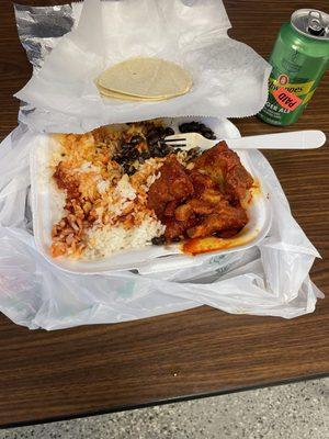 This was my lunch today  Pork ribs with guajiyo sauce , rice and beans with the tortillas very good too much 100%superstar