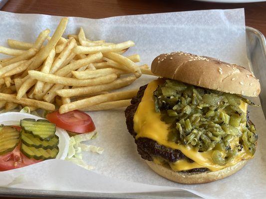 Bacon green chile cheese burger. 1/4 pound patties and missing my bacon!