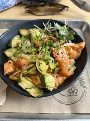 Sesame Salmon Bowl - Norwegian Salmon, Diced Avocado, Cucumber, Red Onion, Orange and Micro Herbs with Sesame Tamari