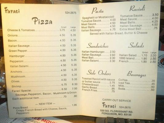 Old Faraci Menu From the 70's or 80's, I believe the prices have gone up a bit !  Lol