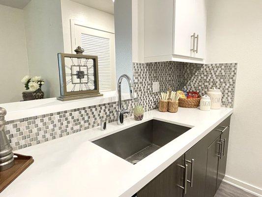 Kitchen in Modern luxury apartments in Vues on Gordon in Hollywood, California.