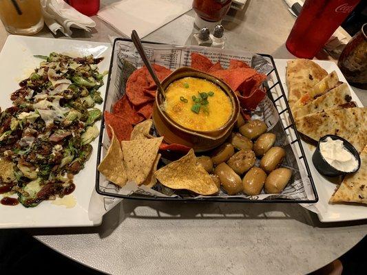 Bacon brussel sprouts, Crab dip, & Brisket quesadilla