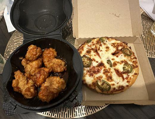 Sweet chili boneless wings and personal pizza