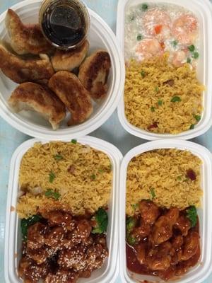 Fried dumplings& Comb.Sesame chicken & shrimp  w. Lobster sauce & General Tso's Chicken