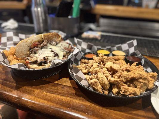 Pittsburgh steak sandwich and boneless chicken wings.