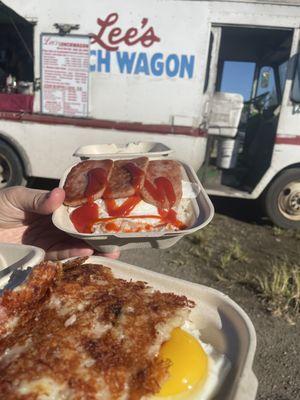 Homemade beef hash and spam and eggs