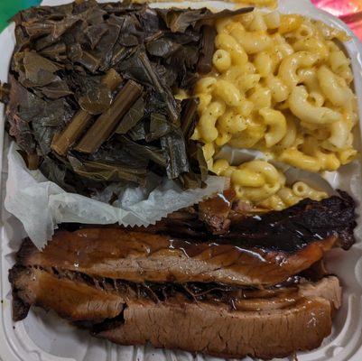 Brisket, Greens and Mac and Cheesr