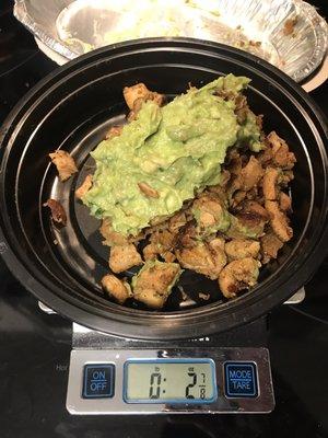 Tared the scale and added guac, got less than 3 ounces. I knew I wasn't the one in the wrong here. Please retrain your employees.