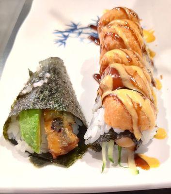 Eel & avocado hand roll (pretty good) and New York roll (not that good, topping if real mushy and filling is too spicy)