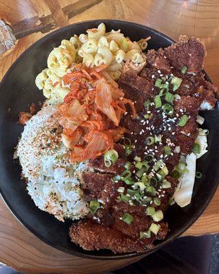 Plate Lunch w/chicken katsu, kimchi, rice, and mac salad.