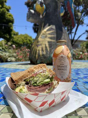 Pastrami on Wheat with everything. Add avocado, sprouts and Swiss