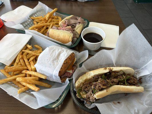 Small (NOT) Philly Cheese Steak, #1 Roast Beef Combo, and the French Dip Combo - Sorry but the Philly smelled so good I had to try it first!