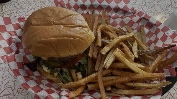 Homemade cheeseburger and hand cut fries