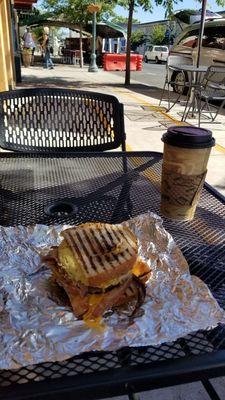 Breakfast sandwich: eggs, cheddar, ham. Vanilla Latte