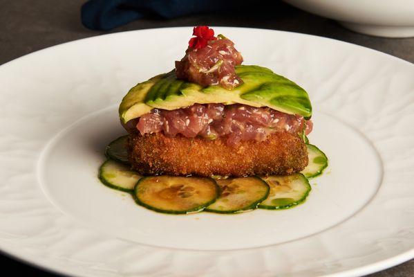 Bluefin Tuna - Crispy Sushi Rice, Baby Mache, Avocado, Sesame Soy Reduction, Ponzu Vinaigrette, Wasabi Creme